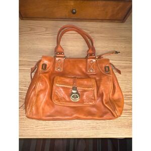 Francesco Biasia Tan Leather Satchel Handbag Cognac Stitch Detail Brass Hardware